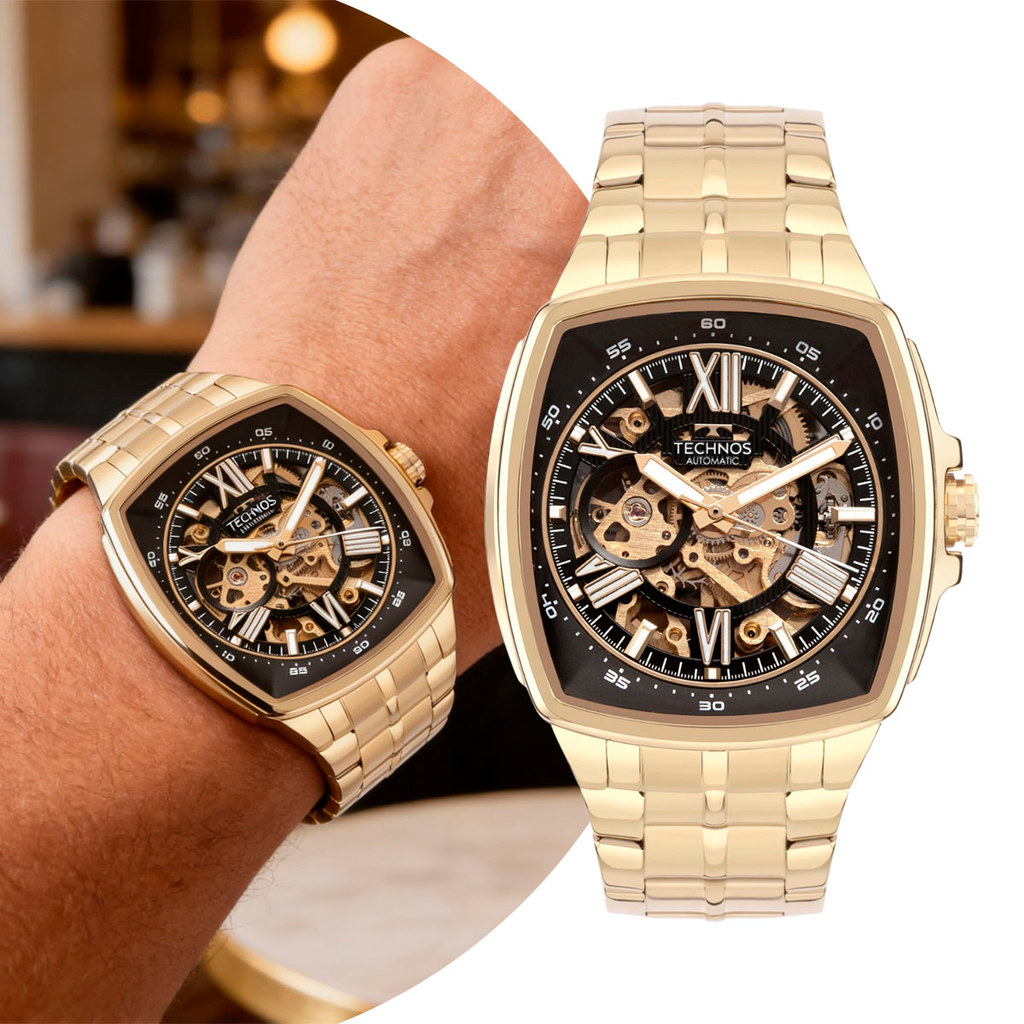 Relógio Masculino Esqueleto Dourado Quadrado Automático em Aço Inoxidável à Prova D Água Luxo Elegante Technos Original