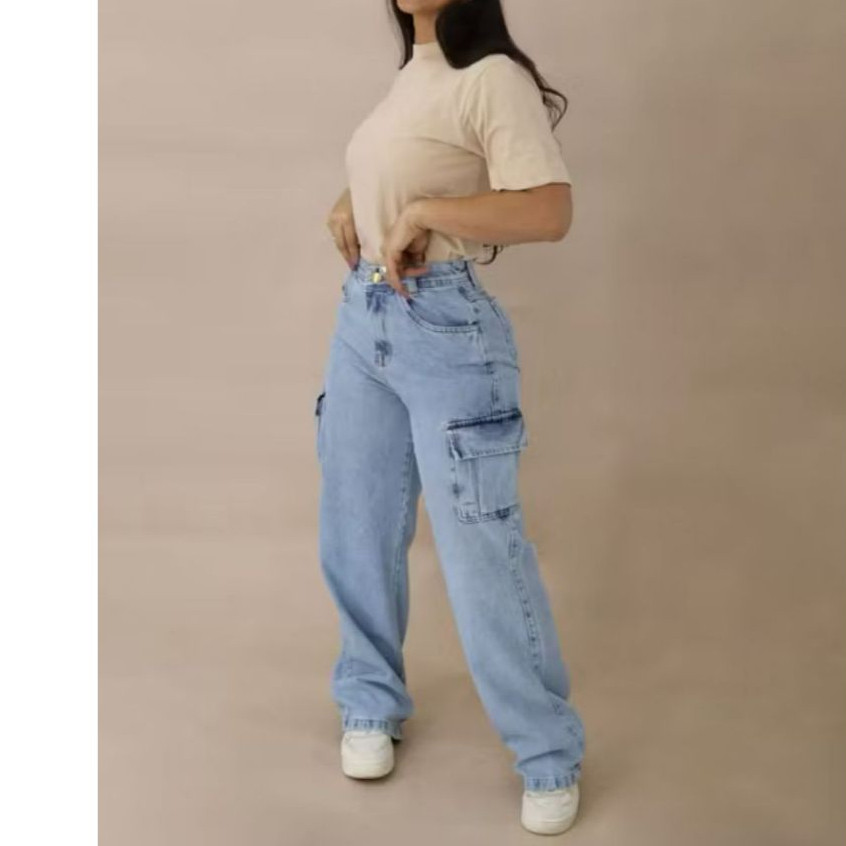 Calça Jeans Cargo Feminina Confortável Casual Versátil Tendência Elegante Moderna Festas Blogueira