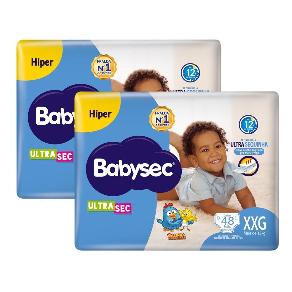Kit 2 Fralda Babysec Ultrasec Tamanho XXG Pacote Hiper 48 Unidades Descartáveis