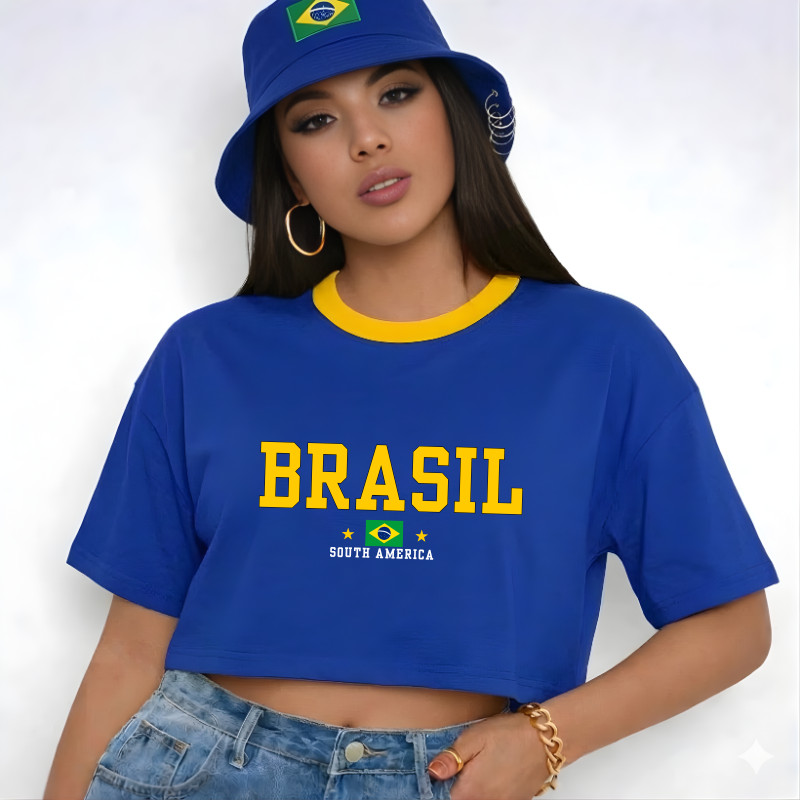 Cropped Oversized Feminino Brasil South América Copa do Mundo 2026 Estilo Torcida Academia Treino 100% Algodão