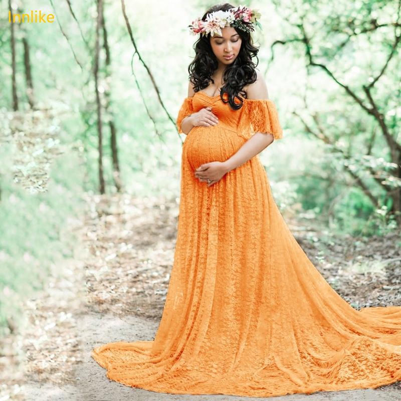 Innlike Romance Formal Vestido Maternidade Embelezado Renda E Trem Para Ocasião Casamento