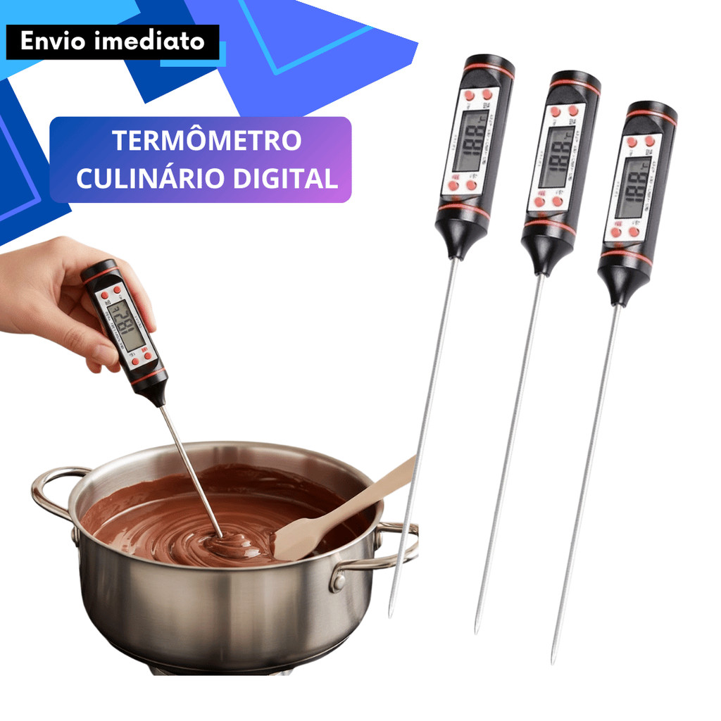 Termômetro Culinário Digital -50°C a 300°C Auto Desligamento Bateria Inclusa Ponto Certo Chocolate Páscoa Temperagem