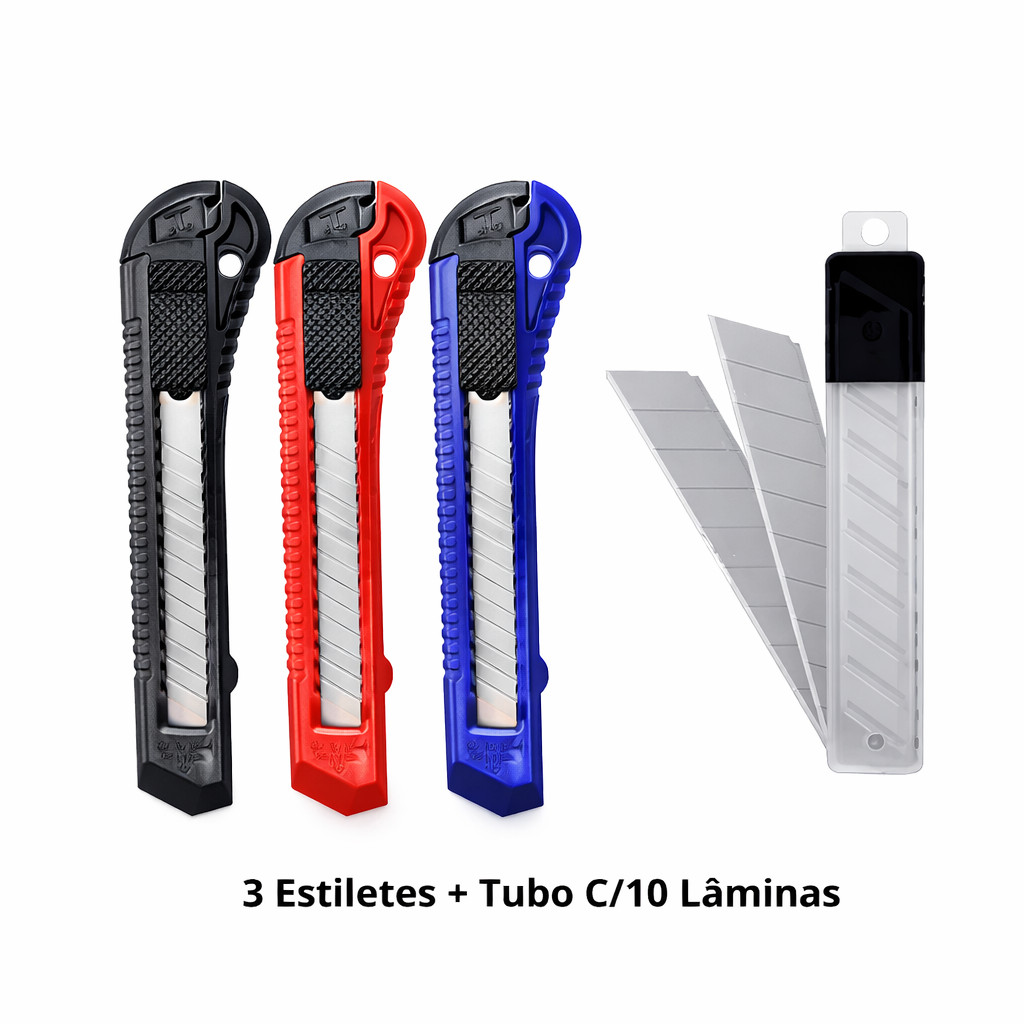 Kit 3 Estiletes 18mm Bazze + 10 Lâminas Extra | Super Afiado, Profissional e Resistente