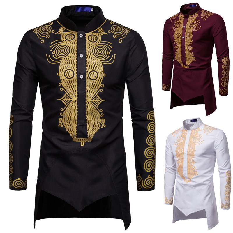 [Novo produto] Camisa masculina de verão camisa de manga comprida masculina dourada estampada Robe Top masculino [venda 