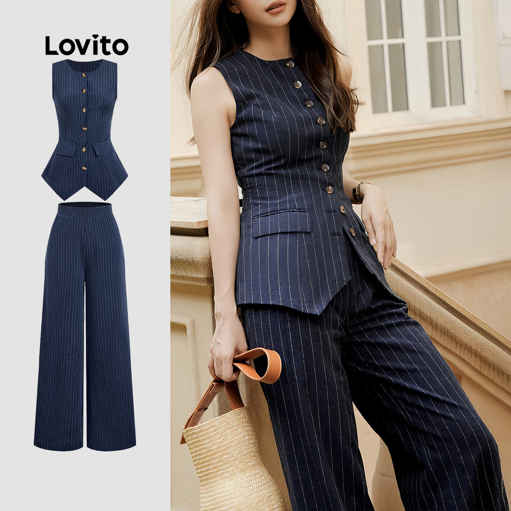 Lovito Tops ou Bottoms Elegantes Padrão Botão Frontal Tops ou Bottoms de Primavera/verão para Mulheres L178LD1568
