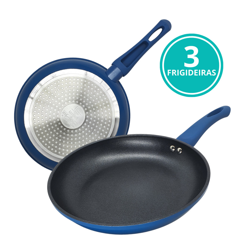 Conjunto 3 Frigideira Indução Antiaderente Cerâmica 20 Cm Não Gruda Frita Ovo Sem Oleo Cabo Silicone