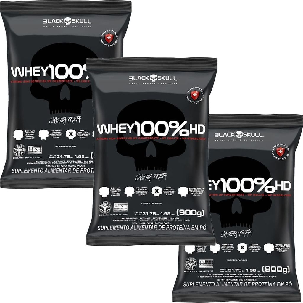 Kit 3X Whey 100% HD - 900g Refil Baunilha - Black Skull