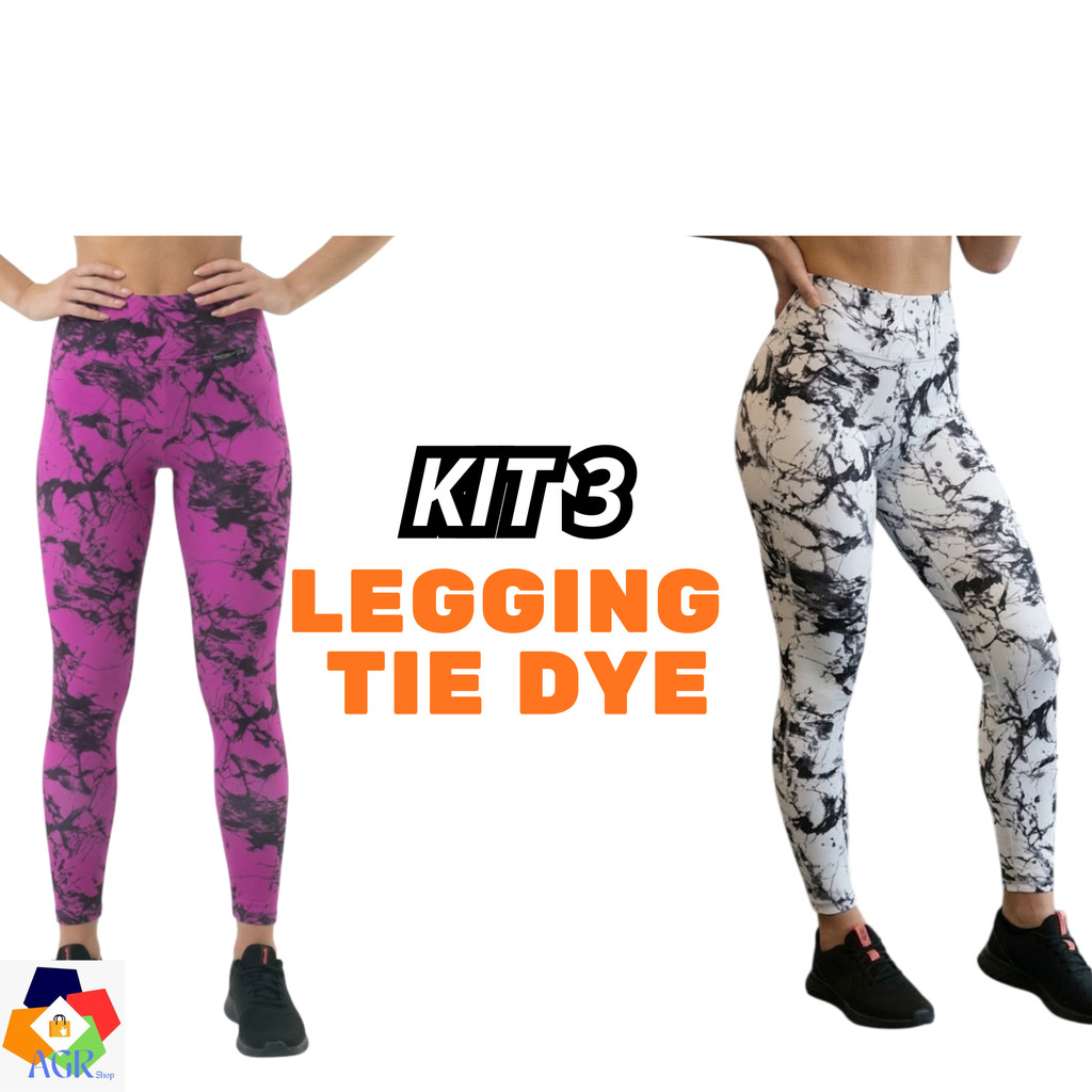 Kit 3 Leggings feminina tie dye calças marmorizada fitness zero transparência legue academia
