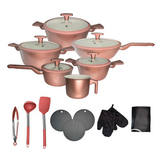 Jogo De Panela Cerâmica Premium 20 Pç Antiaderente Rose Rosa 7 Camadas Fundo Triplo Induç…
