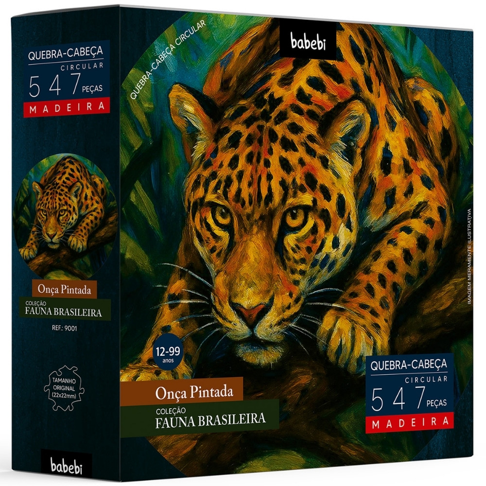 QUEBRA CABEÇA CIRCULAR ONÇA PINTADA 547 PEÇAS MADEIRA BABEBI PUZZLE ARTE ANIMAL BRASIL BRINQUEDO