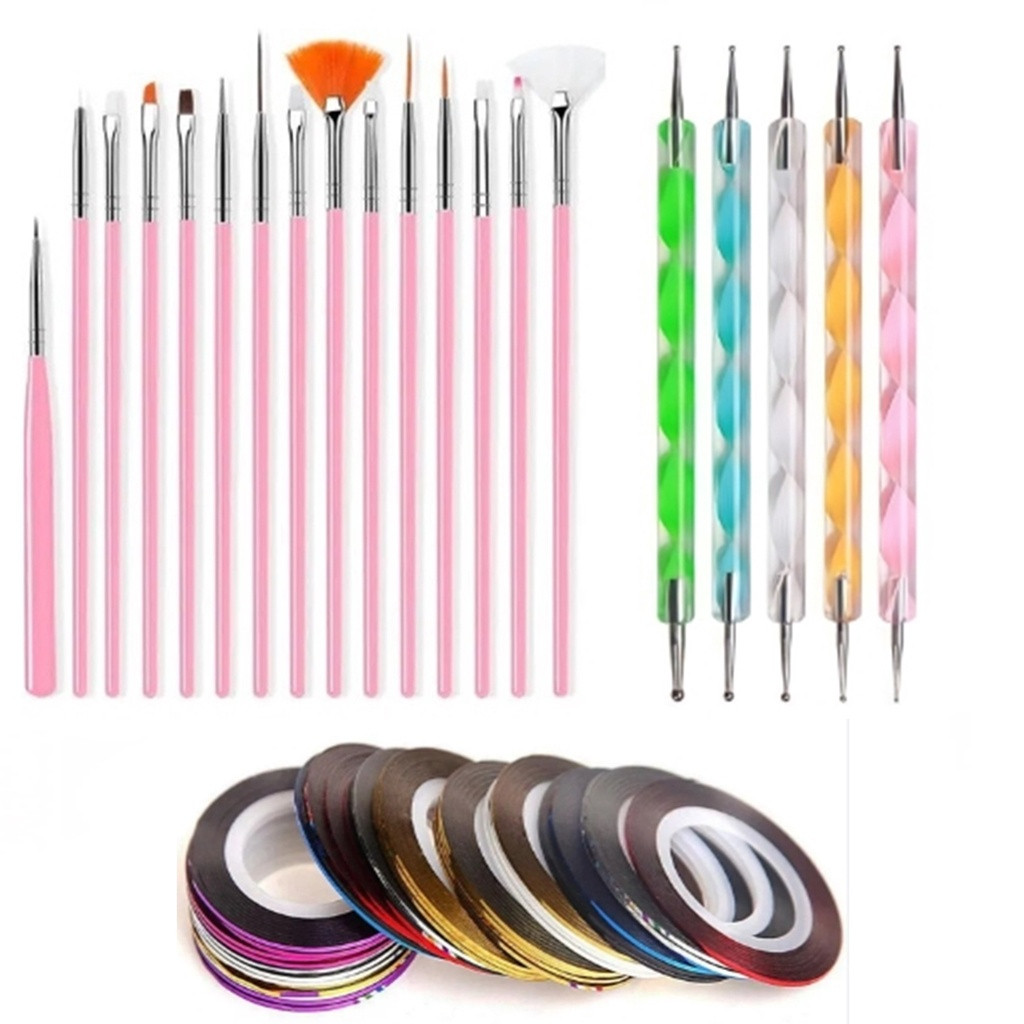 Kit 15 Pincéis + 10 Boleadores + 12 Fitas Metalizadas Nail Art Decoração Unhas Fitilho em Oferta na Shopee