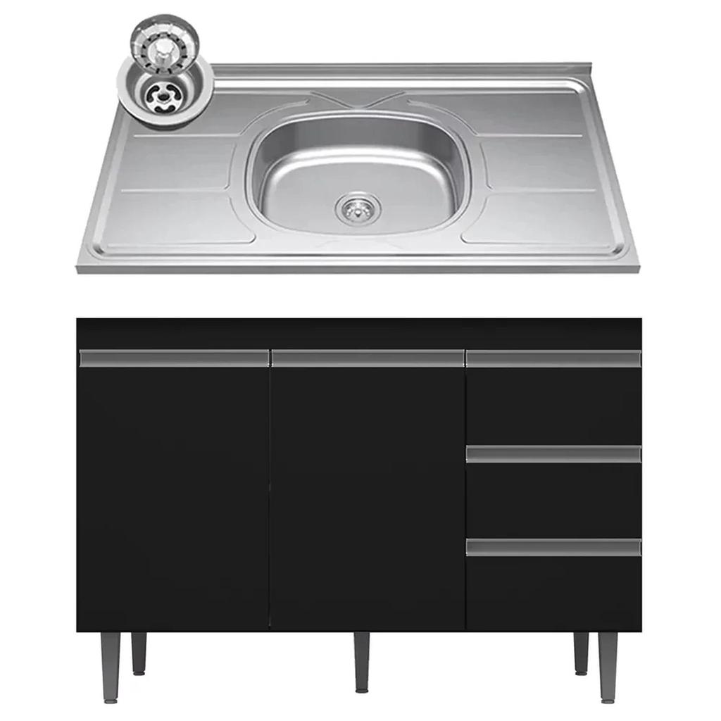 Balcão de Cozinha Com Pia Inox 100cm 3 Gavetas Andréia Preto - AJL Móveis