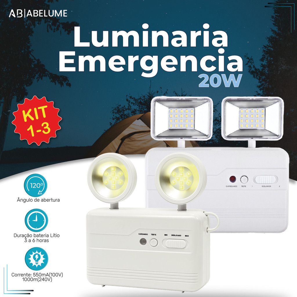 Luminária de Emergência Led Lite ou Pro 20W com 2 Farol Luz Branco Frio