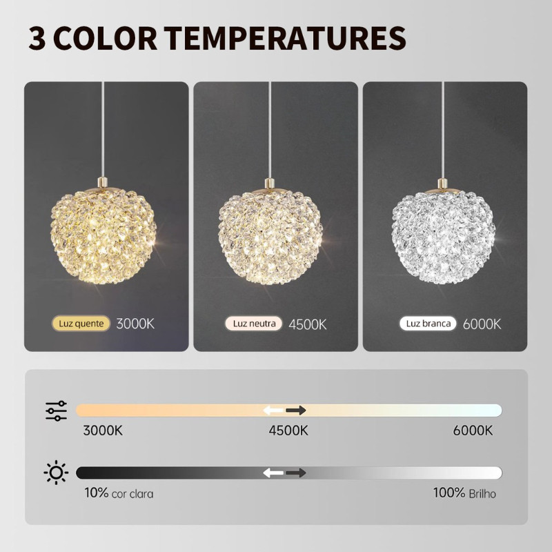 Luminária Pendente Cristal 3 Cores Bivolt 110 220V Para Quarto Lâmpada Teto 3000k 6000k
