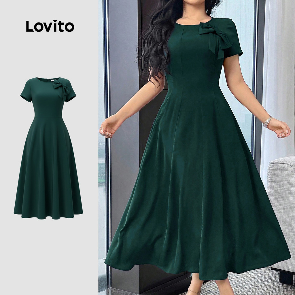 Lovito Vestido elegante com zíper e laço minimalista primavera/verão vestido verde para mulheres LK3LD423 em Oferta na Shopee