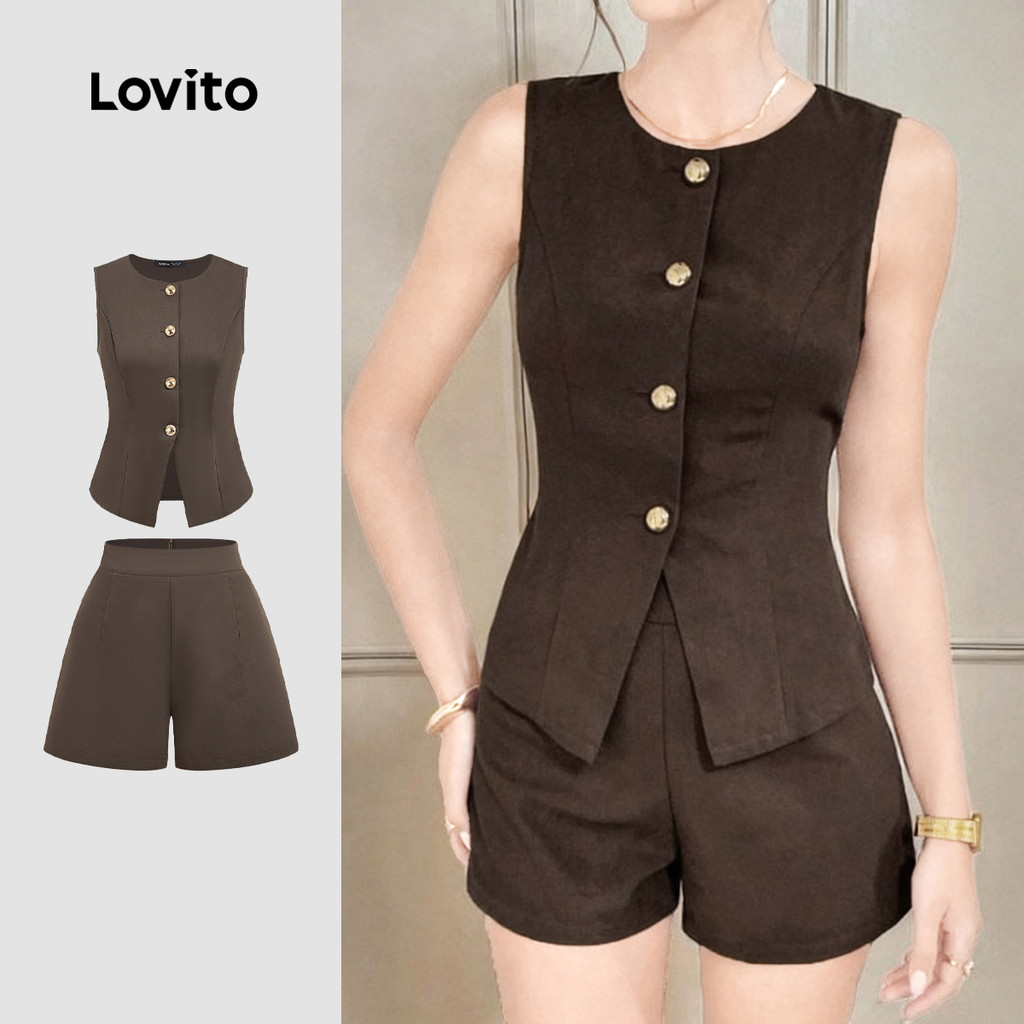 Lovito Blusas ou Calças Casuais com Botões para Primavera/verão Terno Marrom Blusas ou Calças femininas L158AD192