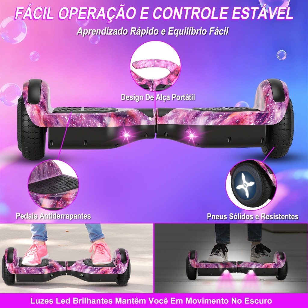 Hoverboard Elétrico Skate Kit Acessórios Com Bluetooth E Led Rosa SLA