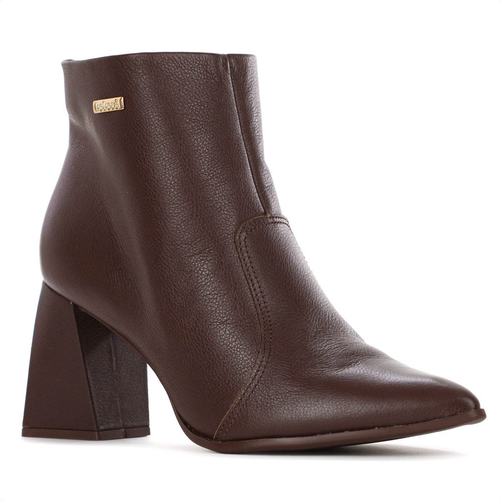 Bota Bebecê Ankle Boot Bico Fino em Couro Marrom - Feminino