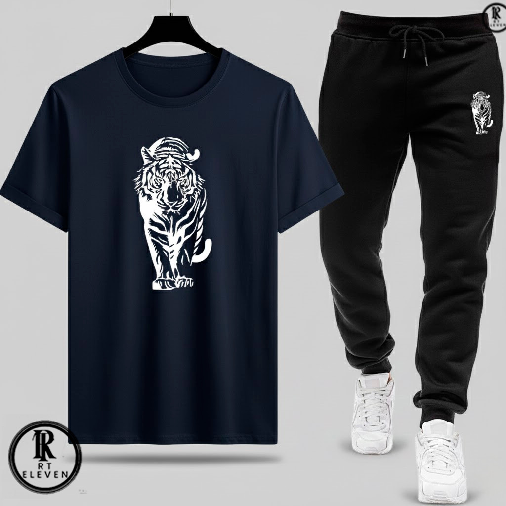Kit Camiseta e Calça moletom Moda masculina camiseta casual Tigres Malha Algodão + calça Moletom Com bolso