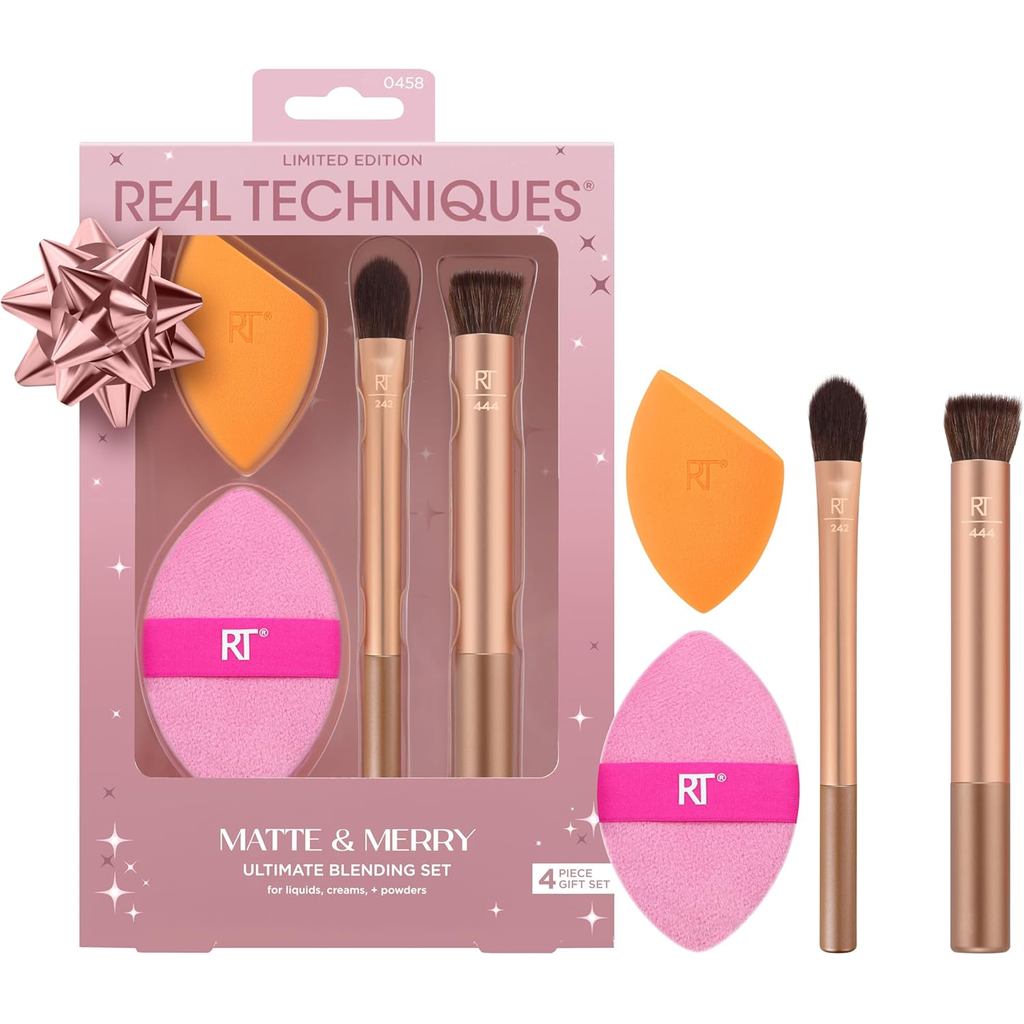 Kit Matte & Merry 0458 | Pincel de Corretivo + Blush + Esponja + Powder Puff - Real techniques