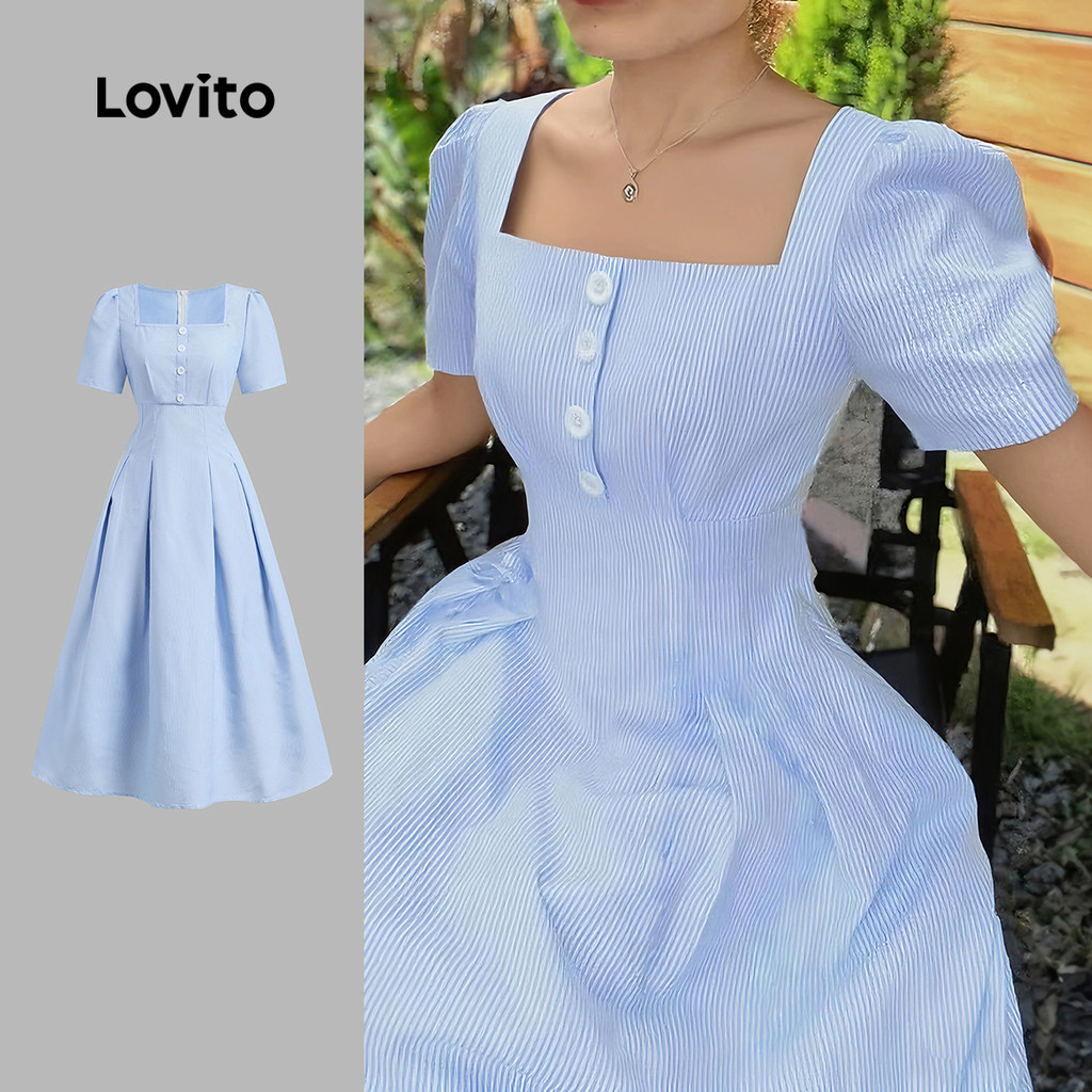 Lovito Vestido Elegante com Botões Primavera/Verão Azul Vestido Evangélico para Mulheres LBL29040 em Oferta na Shopee