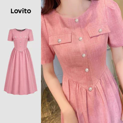 Lovito Elegante Nacional Vestido Feminino Rosa Com Fivela De Metal E Bolso Falso Para Primavera/verão L149ED1016