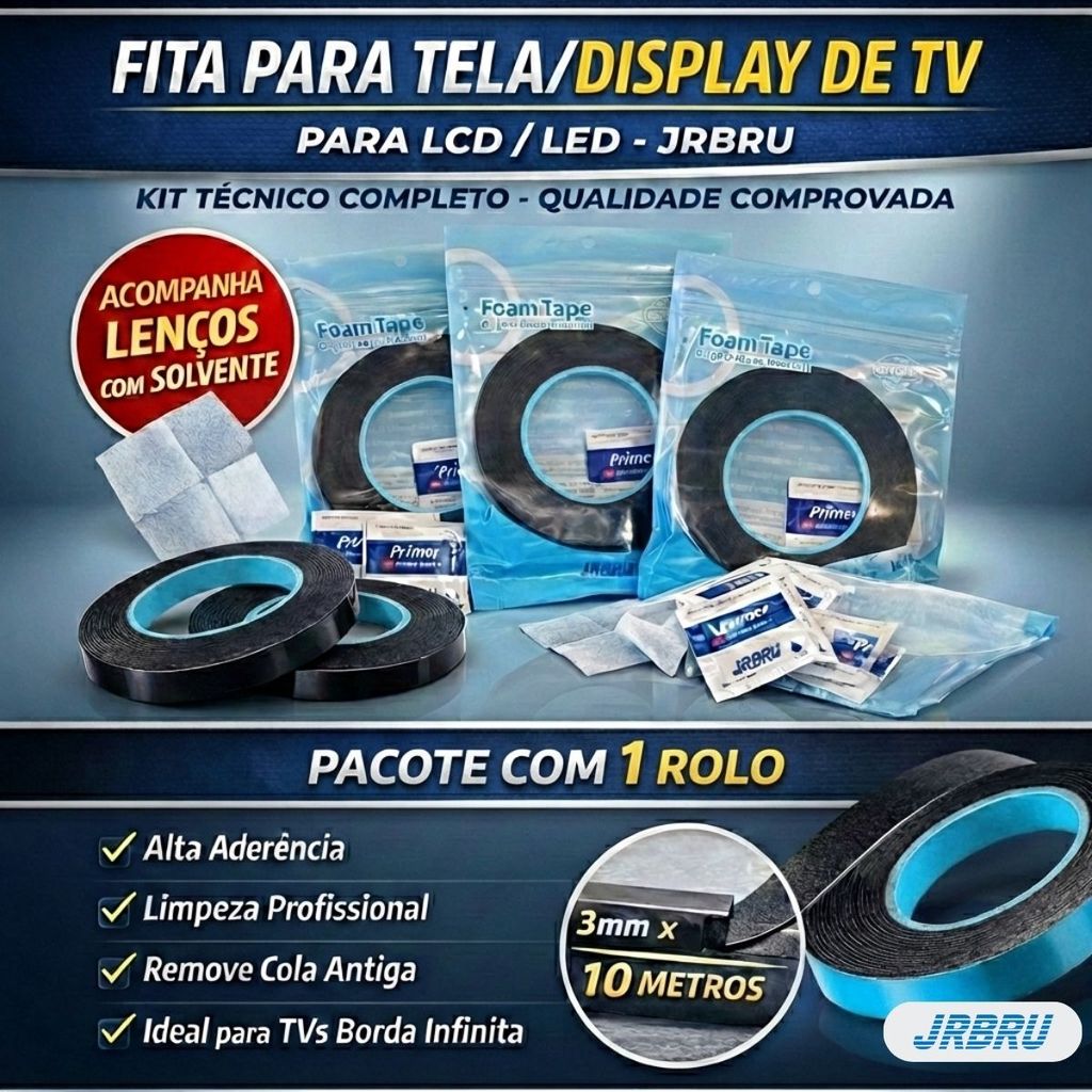 Fita Dupla Face Borda Infinita Bordless p/ Tela de TV, Monitor, Display ,Celular – Rolo com 10 METROS x 3mm