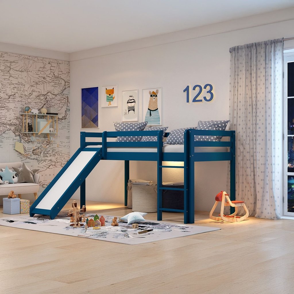 Cama Alta Infantil com Escorregador em Madeira Maciça/MDF Azul em Oferta na Shopee