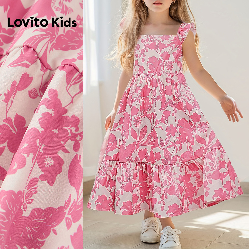Lovito Kids Vestido Boho Babado Camadas em Tiered Smocked Primavera/verão Rosa para Menina L174LD141
