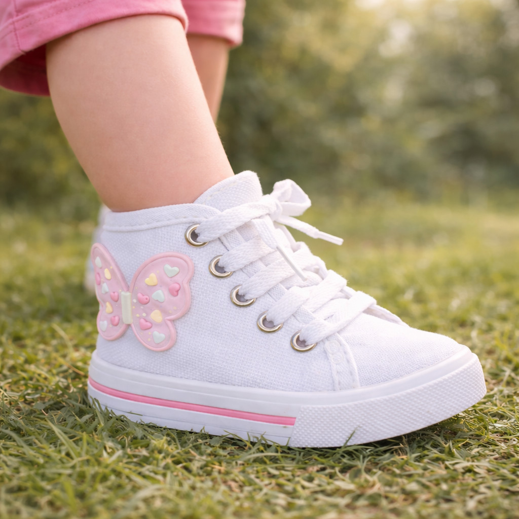 Tenis Sola Cano Alto Infantil Meninas Casual Primeiros Passos com Enfeite Borboleta Rosa Delicada