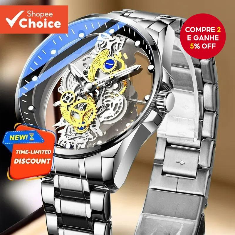Relógio Mecânico Automático Masculino-Luminoso De Quartzo À Prova D'água Transparente De Dupla Face