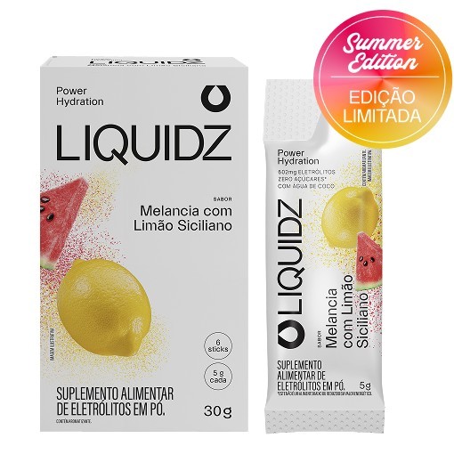 LIQUIDZ® - Eletrólitos Zero Açúcares - Sabor Melancia com Limão Siciliano - Kit 1 Caixa - 6 sachês