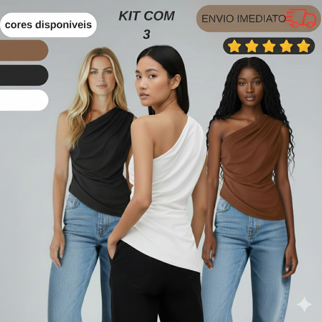 KIT 3 Blusa Feminina Elegante Mula Manca Franzido Assimétrica Ombro Único Com Casual