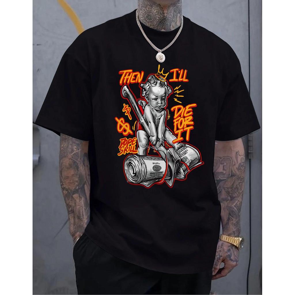 Camiseta Masculina Streetwear Algodão Penteado Infantil Adulto Plus Size Estampa Anjo Machado Dinheiro Dolar Criança