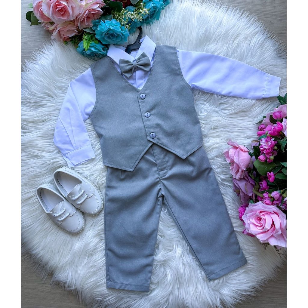 Conjunto Infantil Social Menino Colete Cinza Camisa Manga Longa Calça Gravata Batizado Pajem