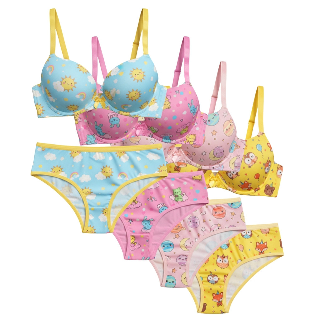Kit 4 ou 2 Conjunto Sutiã Calcinha Juvenil Menina Moça Estampado Sutiã Com Bojo Confortável Algodão