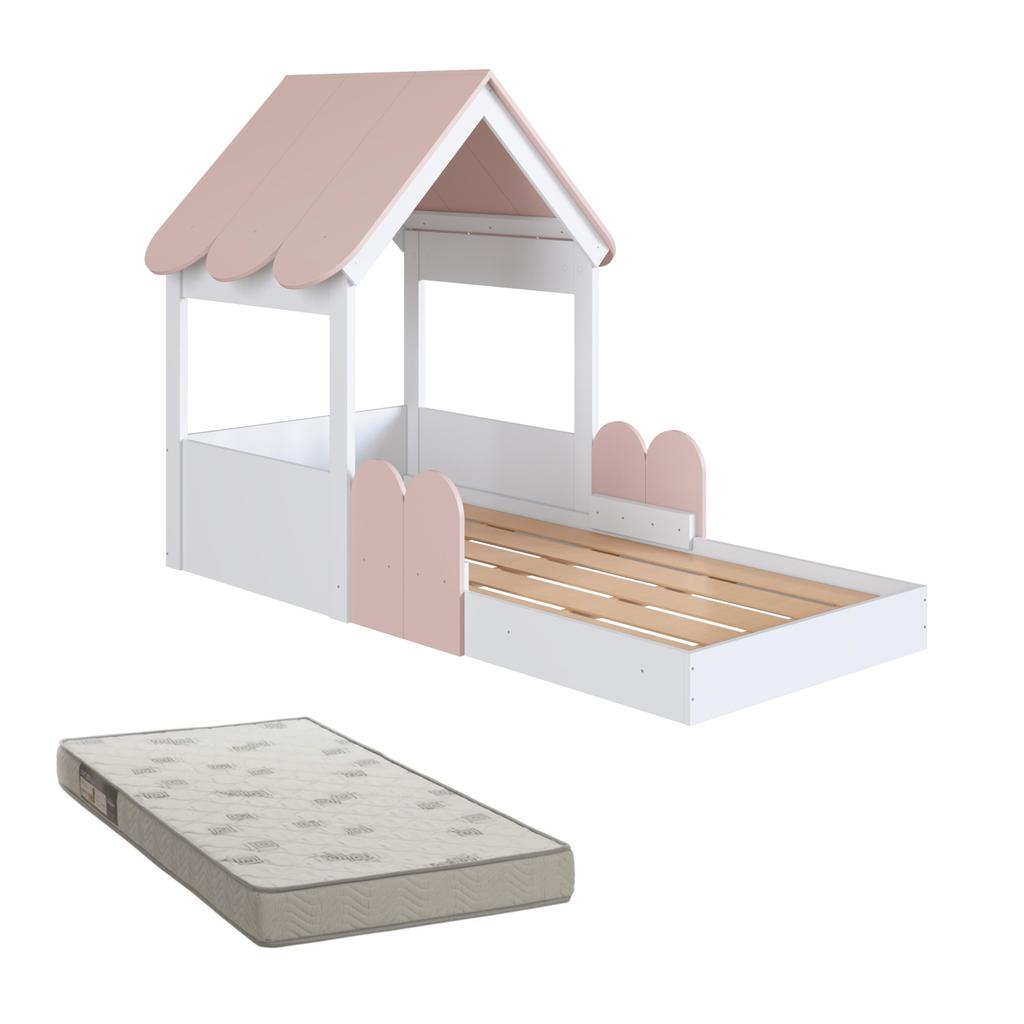 Cama Infantil Casinha Montessori com Colchão Telhado e Proteção Lateral Solteiro 188x78 em MDP