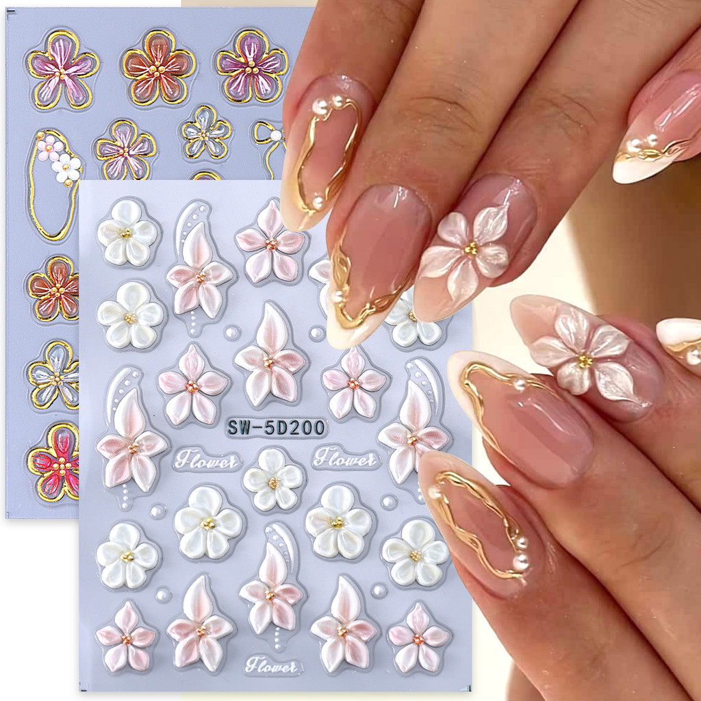 Adesivo De Unhas Com Flores De Lírio Em Relevo , Pétalas Florais Florescendo , Linhas Douradas , Decalques Texturizados 