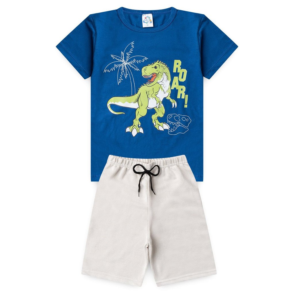 Conjunto Infantil de Verão para Menino Camiseta Dinossauro 100% Algodão Bermuda Moletinho Liso
