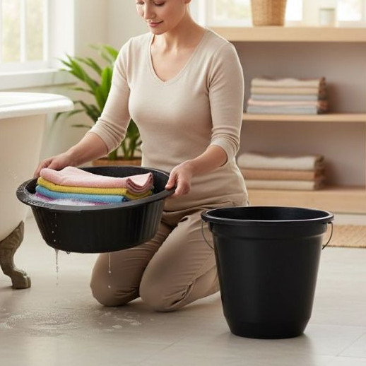 Kit Bacia 4,5L e Balde 5L Casa Cozinha + Lavanderia: Bacia 4,5L e Balde 5L Pretos Canelados - 2 em 1 Prático