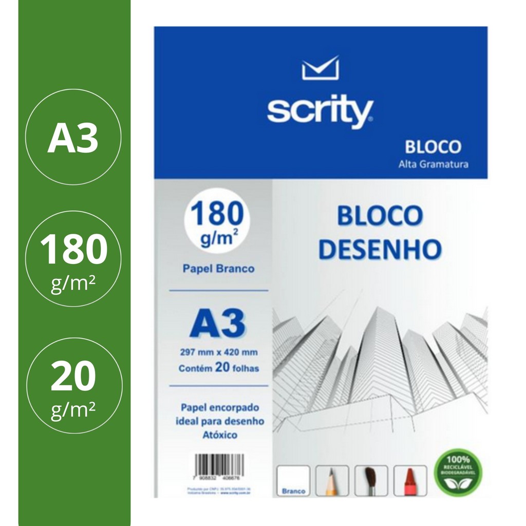 Bloco para Educação Artística Desenho A3 Branco 180g 20 Folhas - Scrity em Oferta na Shopee
