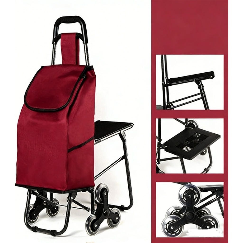 Carrinho de Compras Resistente e Forte com 6 Rodas e Assento, Dobrável, Ideal para Subir Escadas, Confortável e Prático