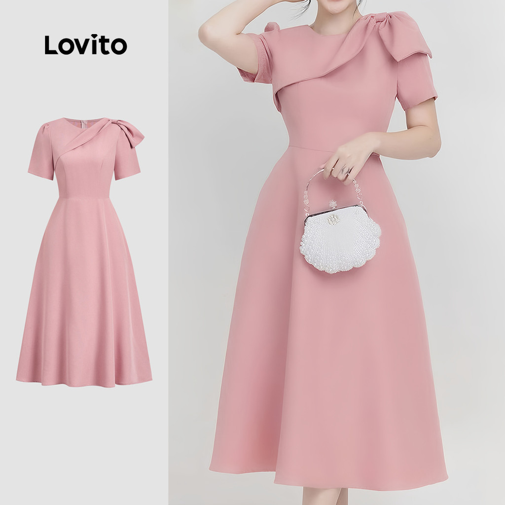 Lovito Vestido Elegante Rosa Primavera/Verão Com Nó Liso Para Mulheres L134LD123 em Oferta na Shopee