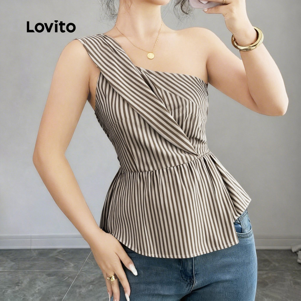 Lovito Blusa Casual Assimétrica de Lazer Primavera/verão Blusa Cáqui para mulheres L170ED152