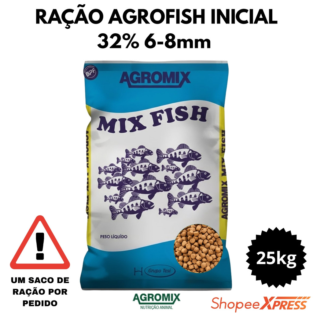 Ração para Peixes Agro Fish 32% Proteína 6–8 mm 25kg (APENAS 1UN POR PEDIDO )