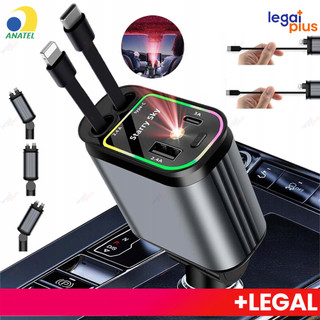 Carregador Retrátil para Carro 4 em 1 com Luz LED 180° Ajustável e Cabo Flexível para iPh…