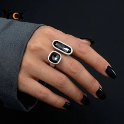 Anéis De Cristal Preto Vnox Para Mulheres E Meninas , Anel Ajustável De Prata Exclusivo Elegante