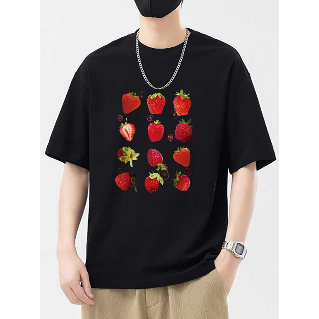 Camiseta Masculina Feminina Oversized Estampa Morangos Frutas T‑shirt Streetwear Camiseta Estética Moda Urbana