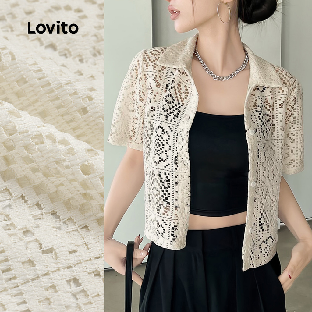 Lovito Blusa Casual De Renda Com Bolso Liso Para Mulheres L125AD295 em Oferta na Shopee