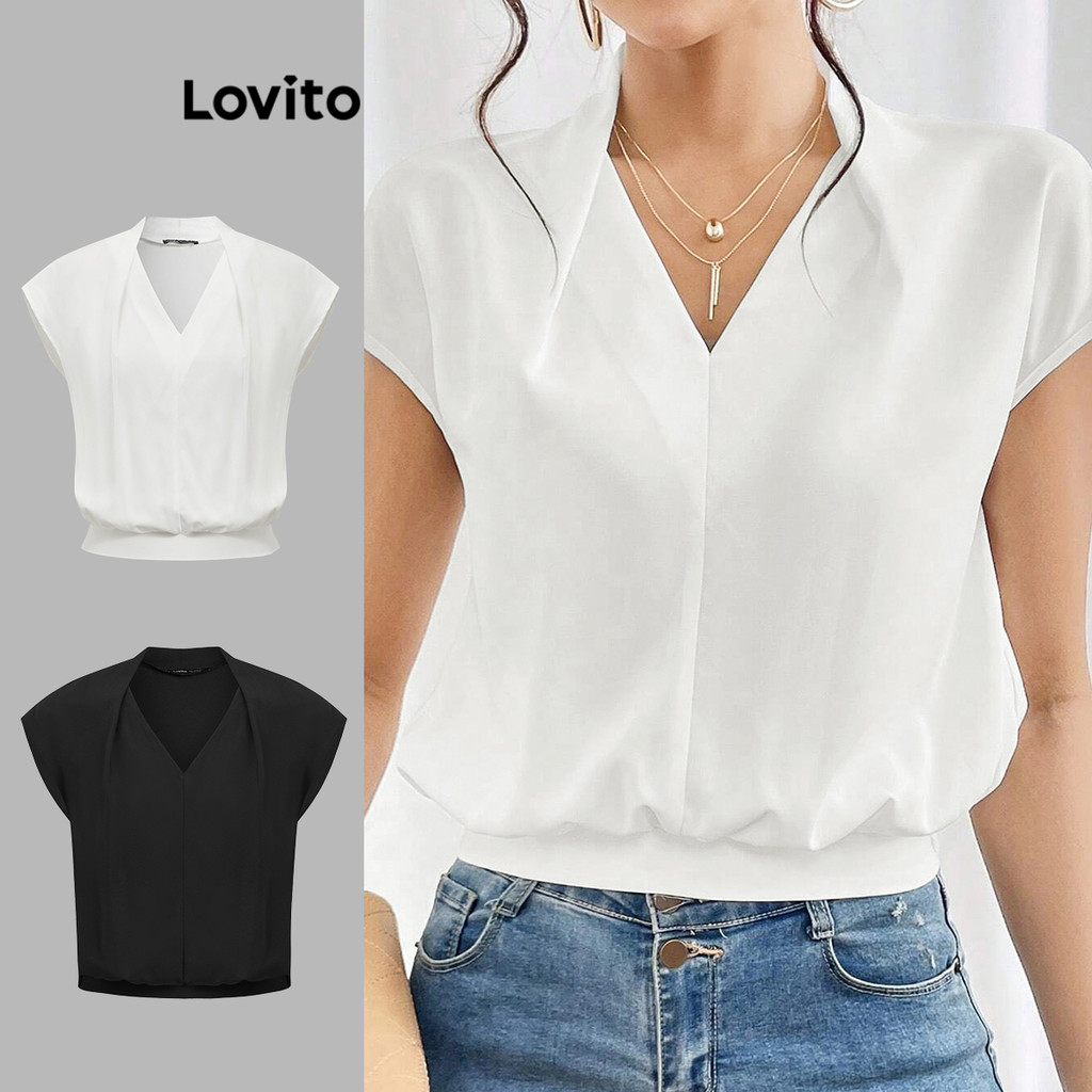 Lovito Blusa elegante lisa franzida para mulheres L86ED021(Multicolorido)